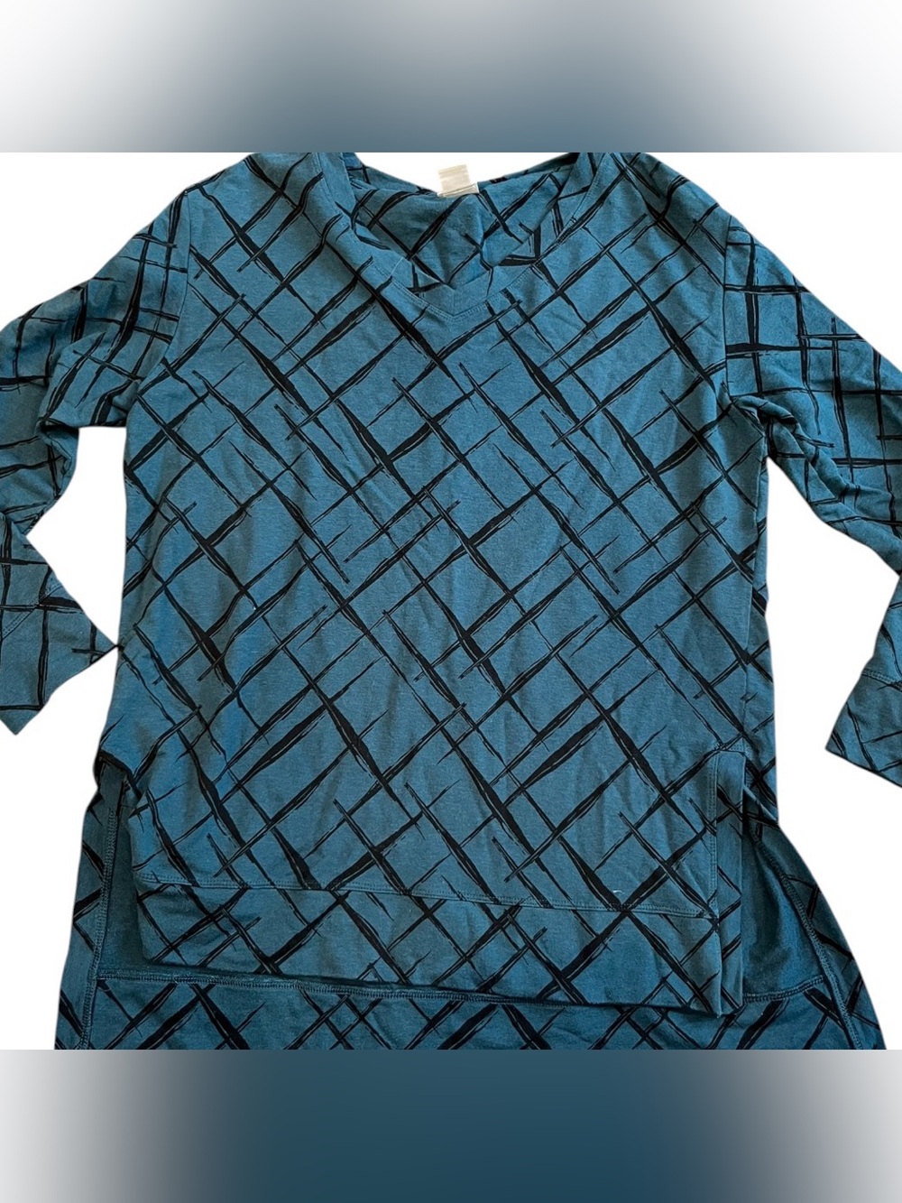 Blue V-Neck Top with Black Abstract Grid Print